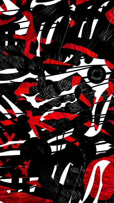 Torn strokes of red, white and black overlap in every direction, a scratched collage running the full height of a phone screen.