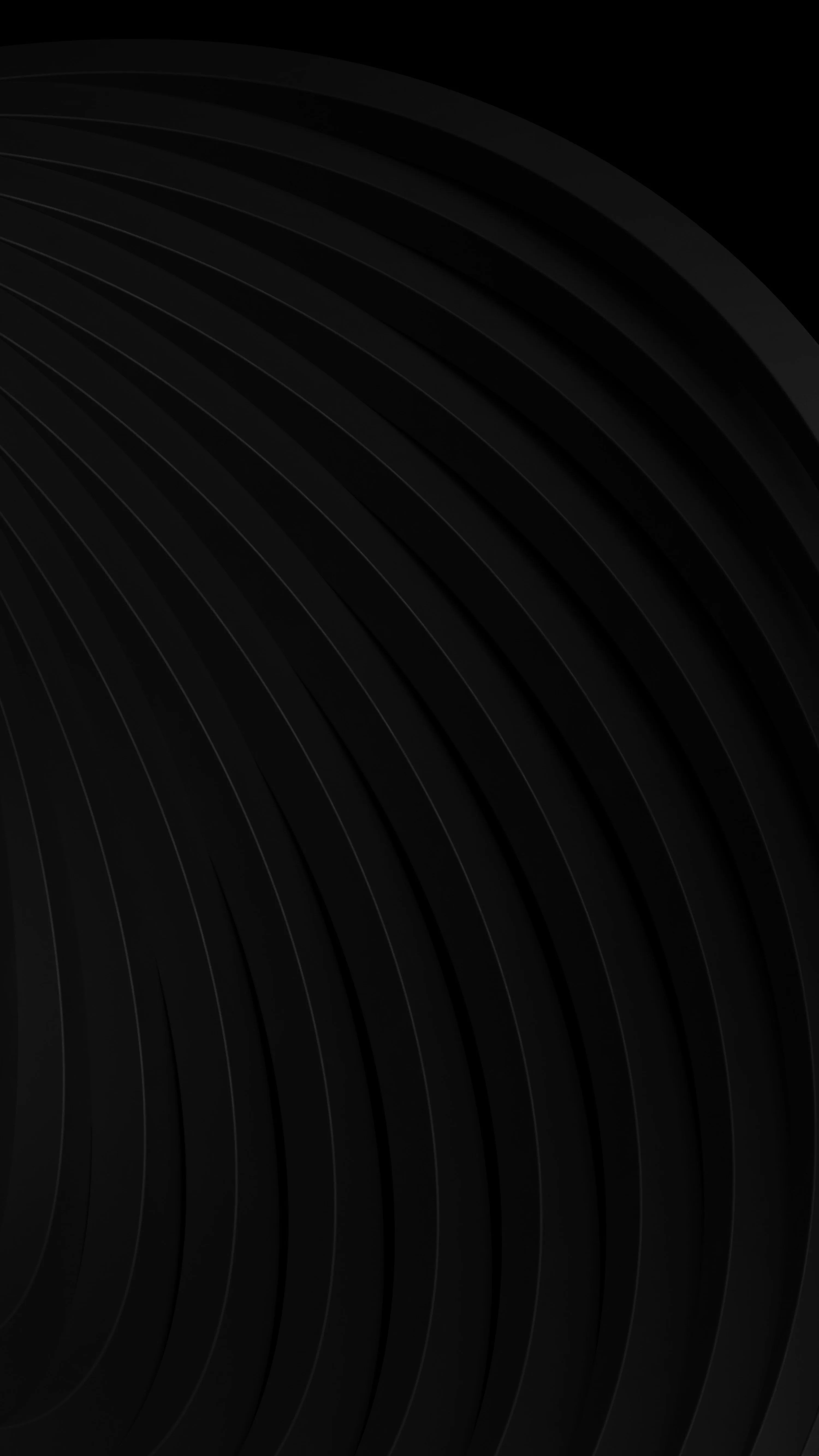 Wide concentric rings sweep out of the left edge in barely separated shades of black, leaving the right side of the tall frame completely empty.