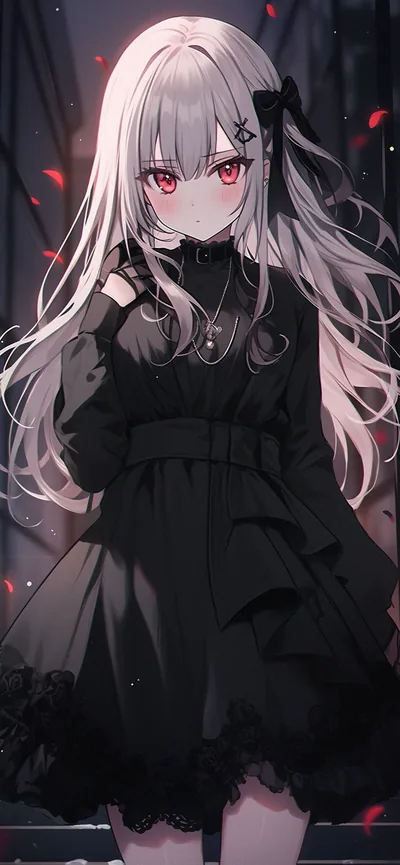 Silver white hair past the waist, red eyes, layered black gothic dress with lace hem, red petals drifting through the dark hall behind her.