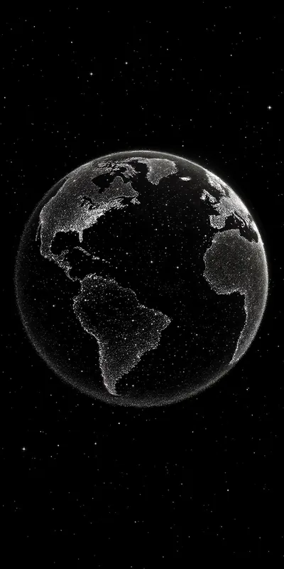 The globe hangs in a starfield, city lights tracing the coastlines of the Americas in the dark.
