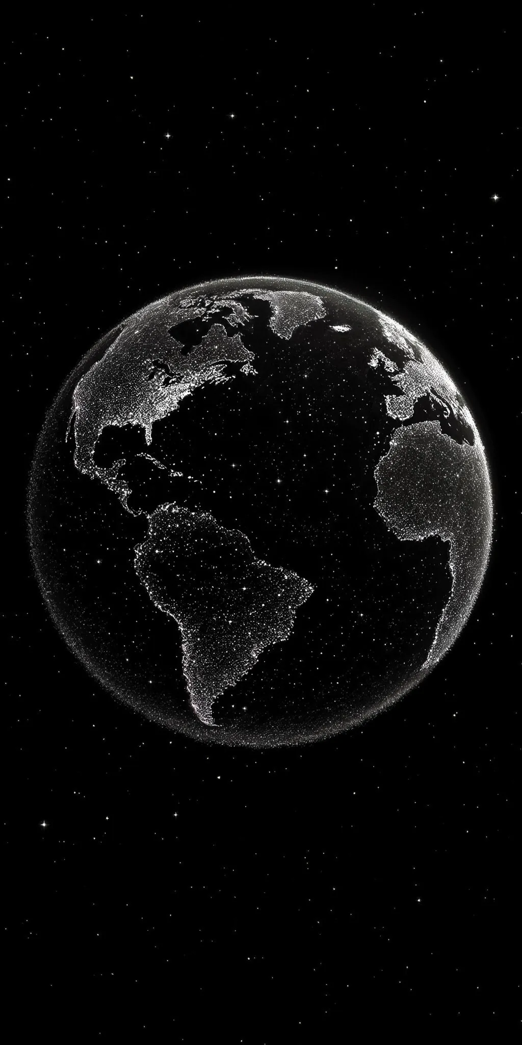 The globe hangs in a starfield, city lights tracing the coastlines of the Americas in the dark.