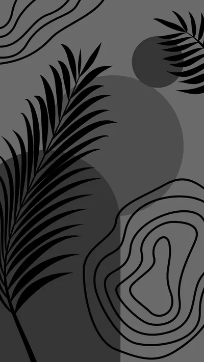 Palm fronds, a floating circle and looping contour lines sit on a mid-grey ground, all of it flat and shadowless.