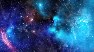 CGI nebula in electric cyan and deep blue, split by a dark dust rift through the middle — the brightest mass sits along the right edge.