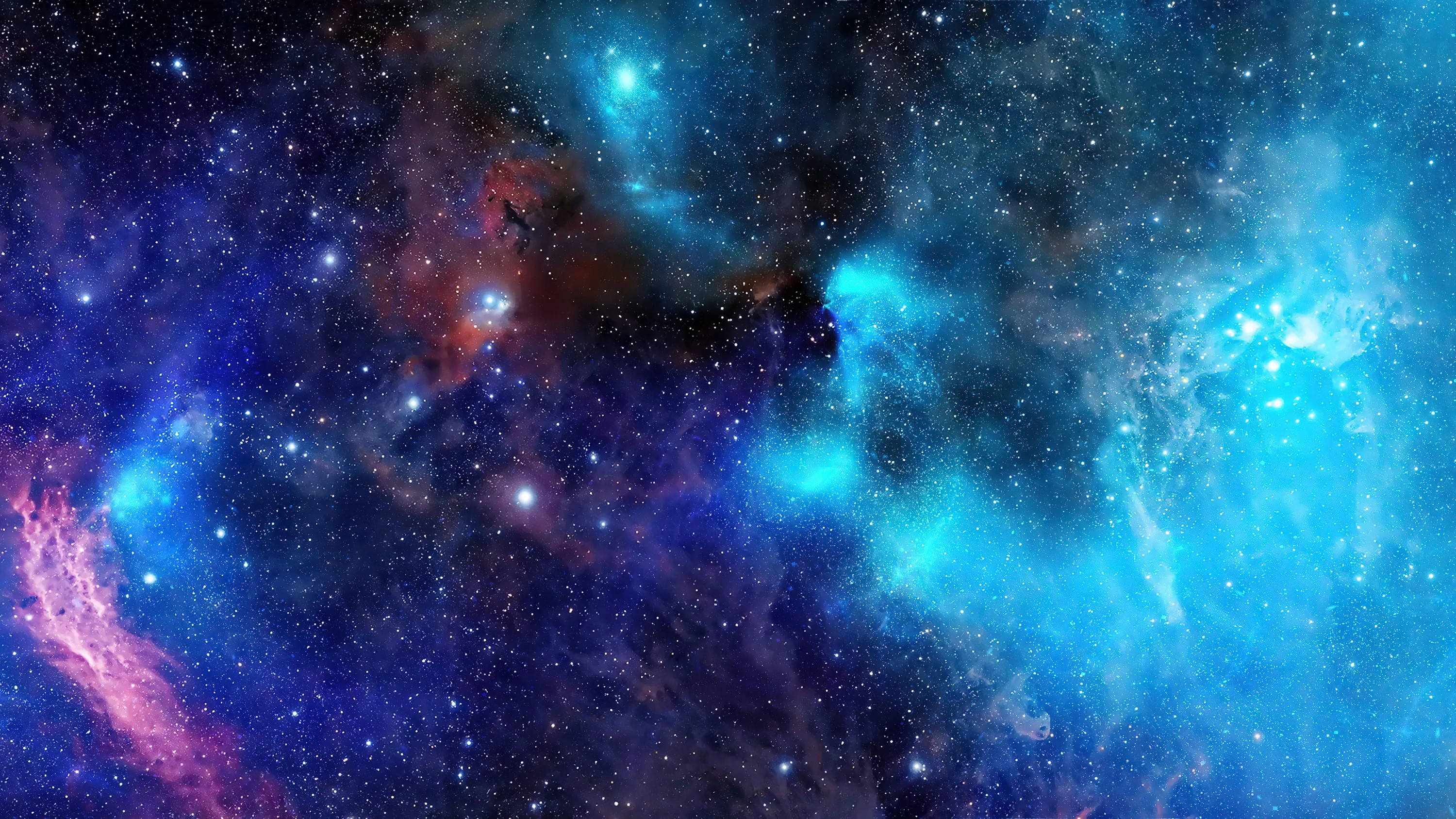 CGI nebula in electric cyan and deep blue, split by a dark dust rift through the middle — the brightest mass sits along the right edge.