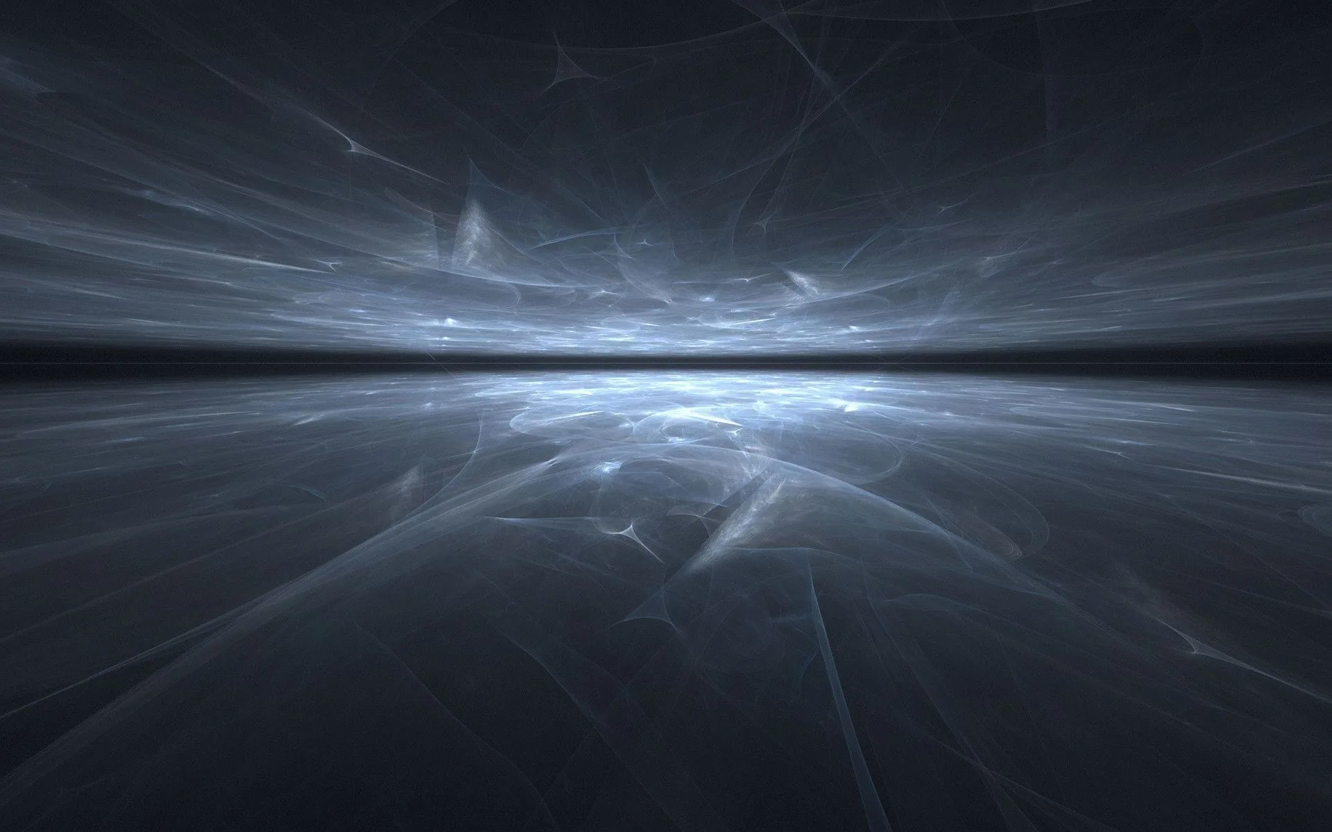 A pale fractal horizon glows in icy blue-grey, brightest along the centre line so the top and bottom of the screen stay dim.