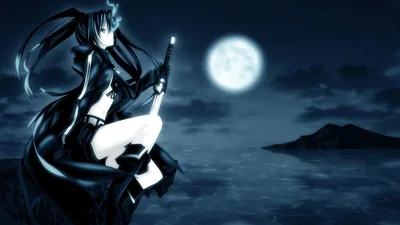 A girl with long black twin tails kneels on a dark shore with a cannon at her side, the full moon low over the water behind her.