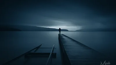 Cold blue-grey tones wash over a wooden pier reaching toward a figure at its far end, a fallen ladder rail angling through the lower left water.