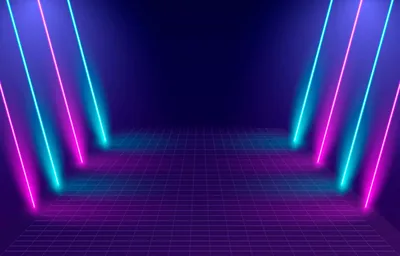 Vertical light bars lean in from both walls of an empty room, their glow spilling onto a tiled floor that fades to dark violet at the back.