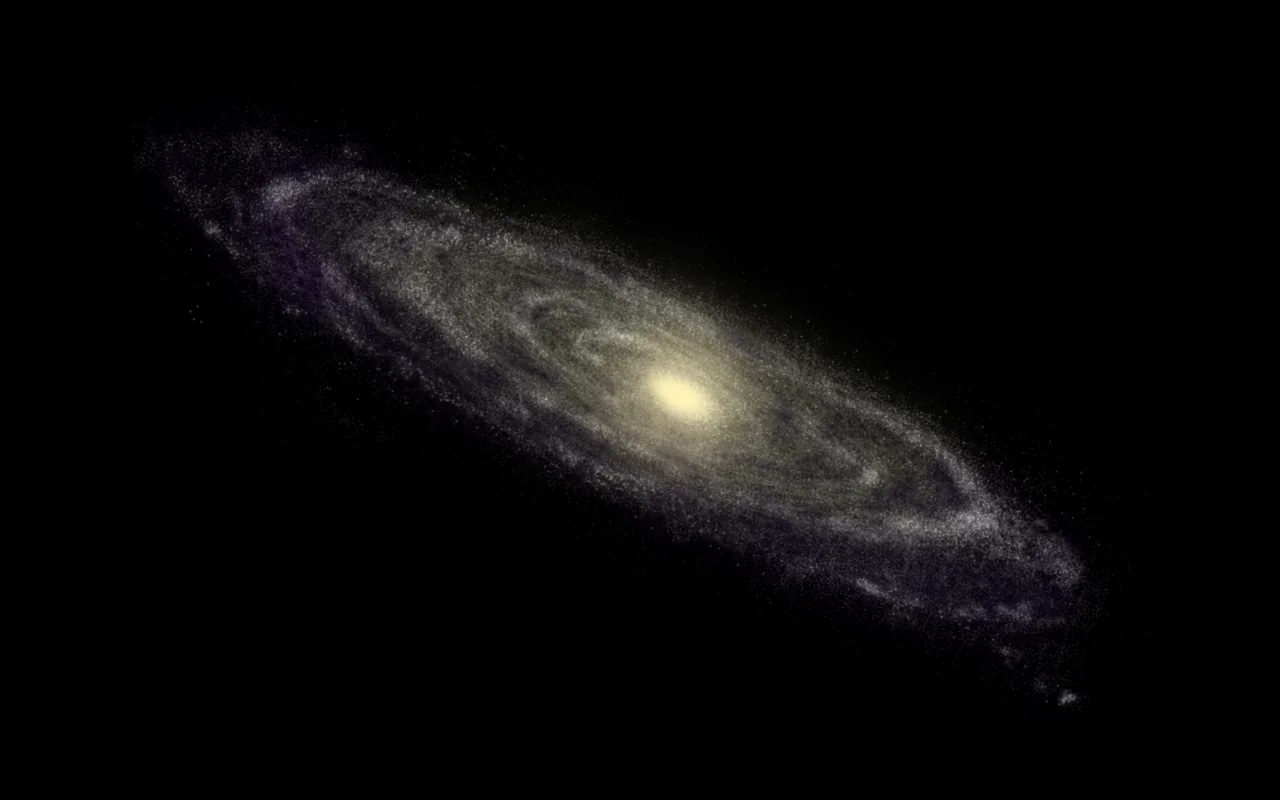 The spiral of Andromeda sits small and off-centre with a yellow core, the rest of the frame left as flat black for OLED screens.