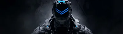 The same armoured helmet cropped to a wide letterbox strip, blue visor lines the only colour in a wall of black smoke.