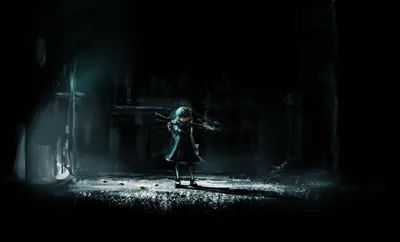 A tiny figure stands in a pool of cold light inside a derelict wooden interior, the edges of the room swallowed by black.
