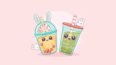 Two drink cups with faces, one milk tea with boba and one matcha, stand centred on blush pink that stays bare across the whole top for a clock.