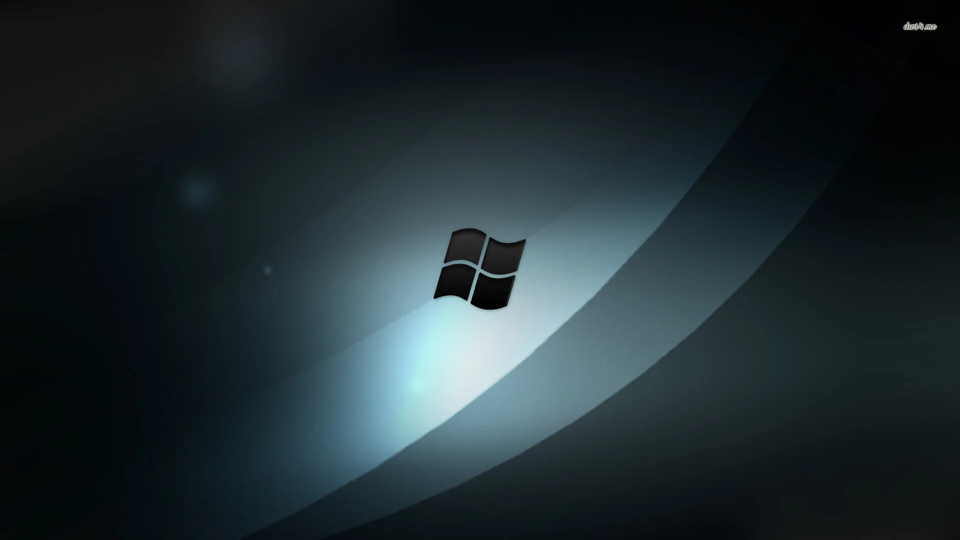 The classic four-flag Windows logo floats at centre on a deep blue-black gradient, a wide soft beam of light crossing behind it.