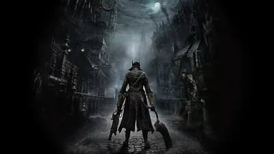 A caped hunter walks toward the viewer down a wet cobbled street, gun and cleaver at his sides, tall gothic rooftops closing in under a full moon.