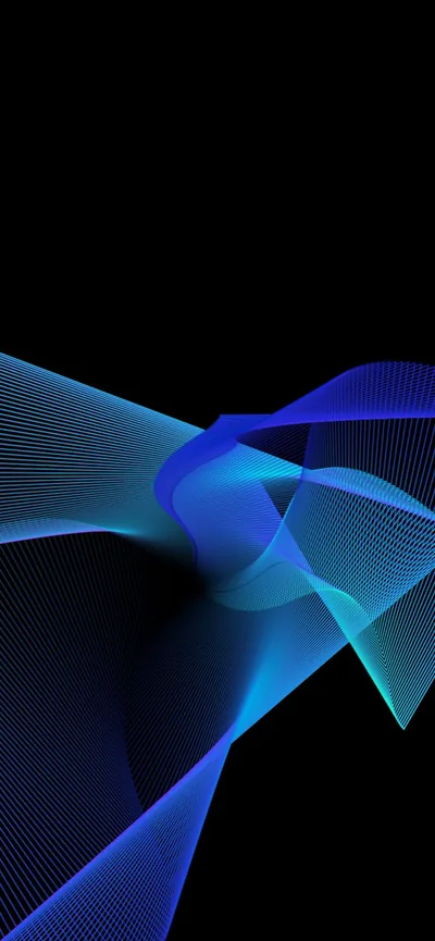 Delicate wireframe ribbons fold like paper fans in blue and cyan across the lower half, keeping the top of the screen black for the clock.