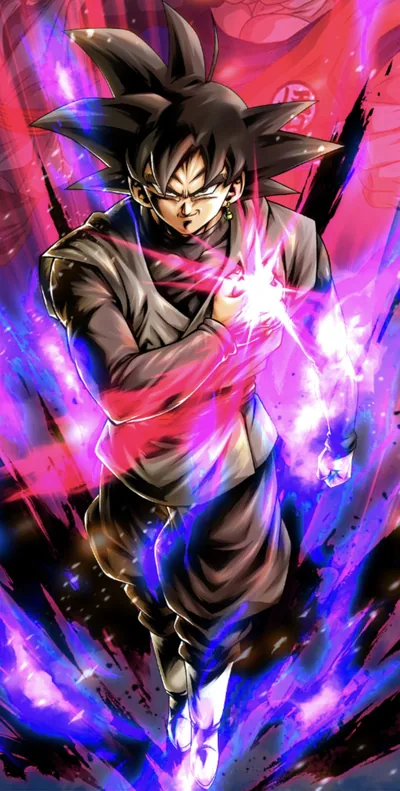 Card art of the black-haired villain striding forward, violet ki sheathing both lowered fists, pink lightning and magenta shards climbing the tall frame's edges.