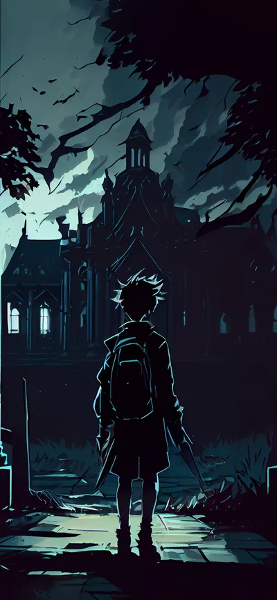 A boy with a backpack and a sword walks a cracked path towards a shadowed manor, everything painted in muted slate blue.