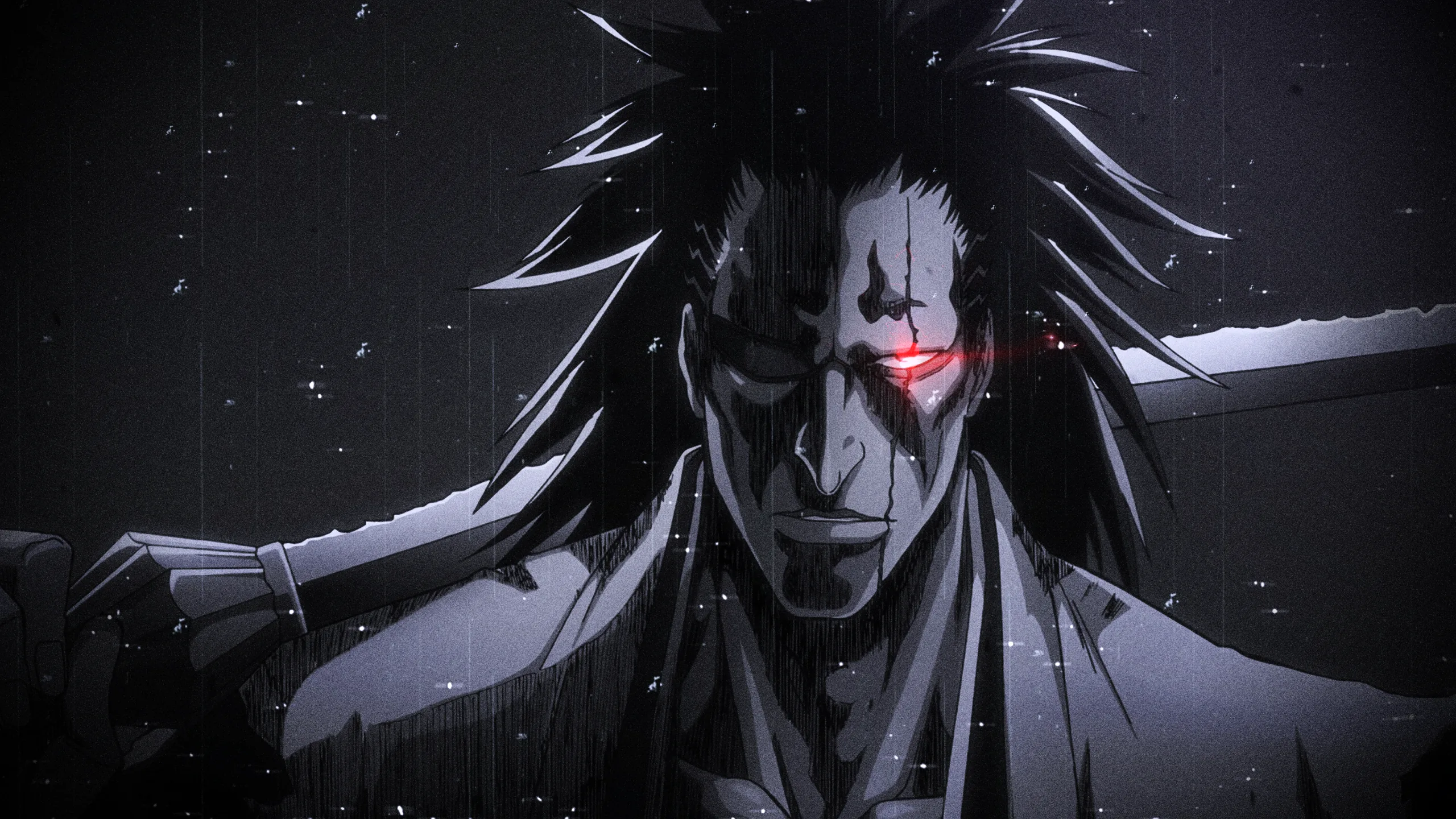Kenpachi stands under falling rain with his spiked hair and scarred face lit from behind, one red eye and the eyepatch cord catching the light.