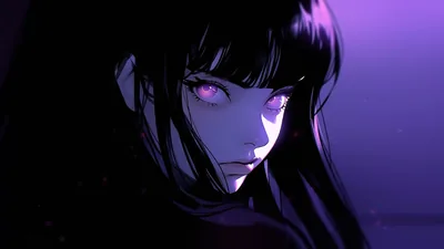 A tight crop on her face with dark hair falling past bare shoulders, lilac eyes and a purple key light bleeding across the wall behind.
