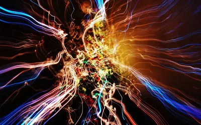 Tangled threads of red, blue and white light burst outward from a golden core just right of centre, thinning to black at the corners.