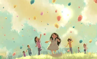 Painted children run across a grassy ridge as balloons drift through a cloudy sky, the figures kept small along the bottom edge of the frame.