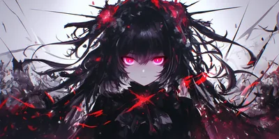 Black hair spreads out in wild strands against a pale grey haze, red shards flying past and two magenta eyes staring straight through the fringe.