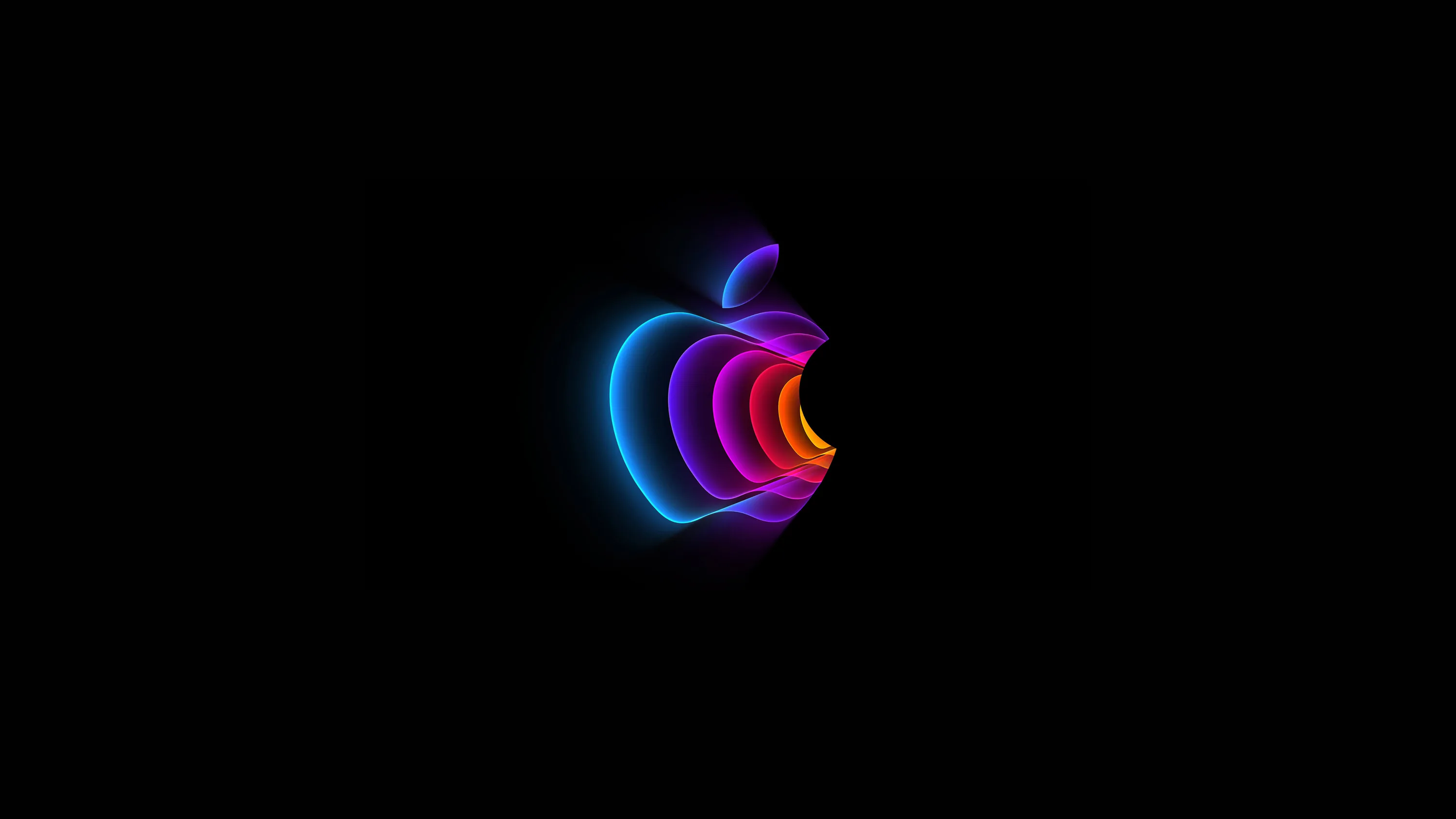 The Apple silhouette drawn as nested neon outlines shifting blue to pink, small and centred on an empty black field.
