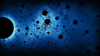 Dark nodes joined by faint lines spread across a blue haze, with a solid black circle eclipsing the light at the left edge.