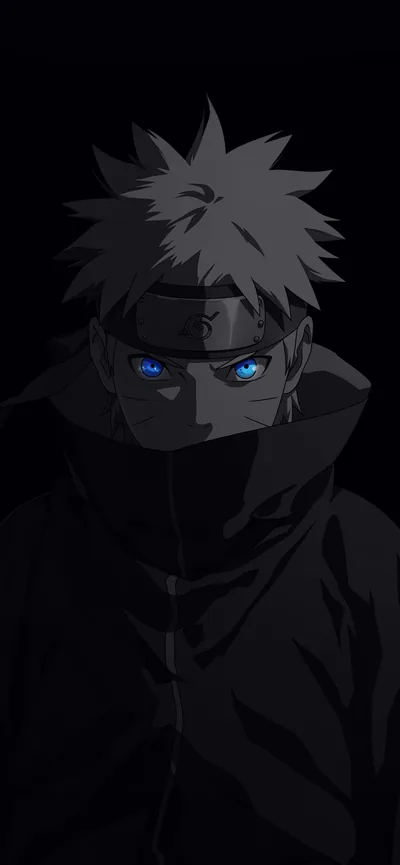 A hooded figure with a mask pulled up sits in deep shadow, only the blue eyes and a rim of light along the hood breaking through.