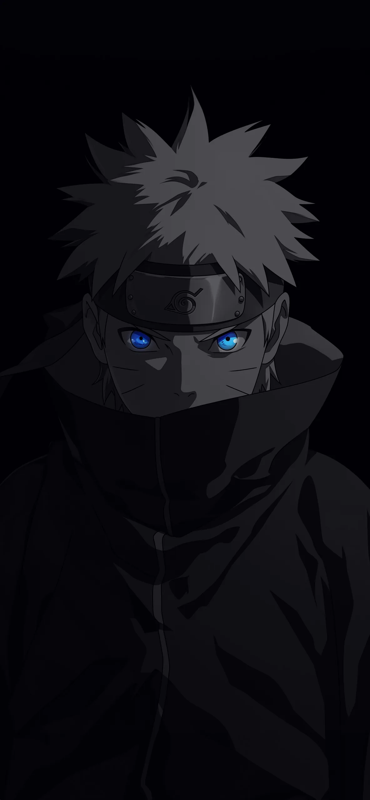 A spiky-haired ninja in a black mask fills a tall vertical frame, only his two blue eyes lit against the surrounding darkness.