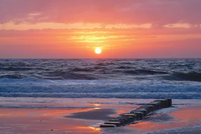 A row of worn wooden posts runs from the sand straight toward the setting sun, rough surf glowing pink and orange beyond it.