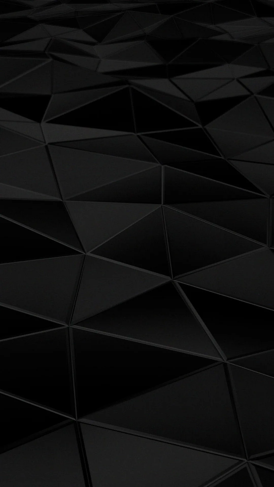 A field of black triangular facets tilts away from the viewer, each plane taking a slightly different shade so the geometry reads without any colour.