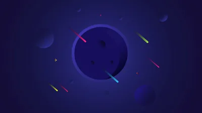 A cratered indigo planet hangs in the centre while candy-coloured comets streak past it, two pale moons drifting at the left and right edges.
