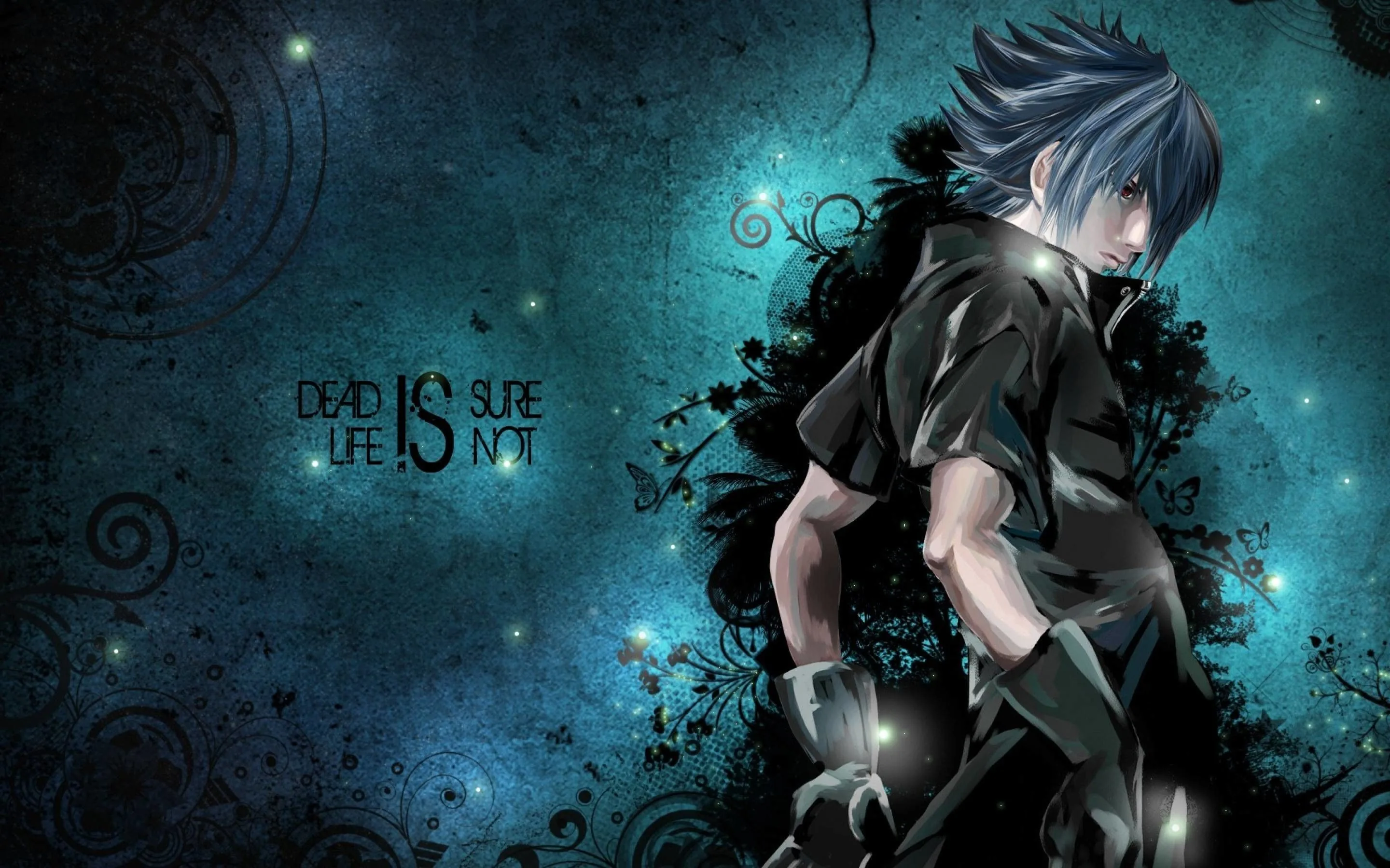 A dark-haired boy in black gloves looks away against scrolling teal patterns, the words 'dead is sure, life is not' worked into the left side.