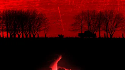 A scratched, film-grain red sky silhouettes bare trees and a parked vehicle along the horizon line, with smoke rising from a small fire at bottom centre.