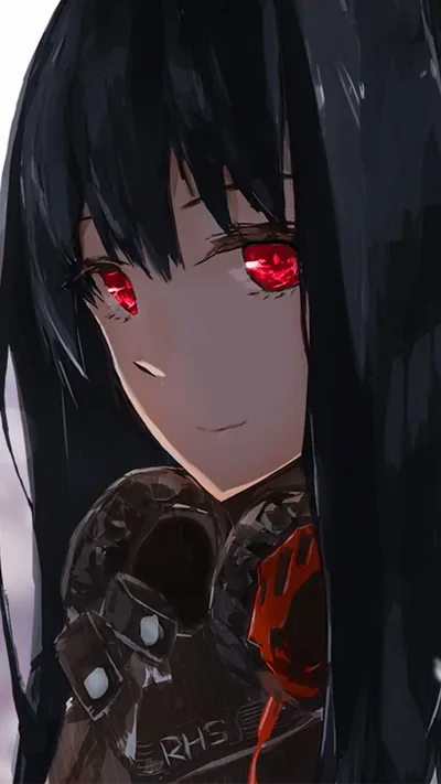 Long black hair falls past luminous red eyes and a faint smile, her dark collar gear filling the lower edge where the dock covers it.