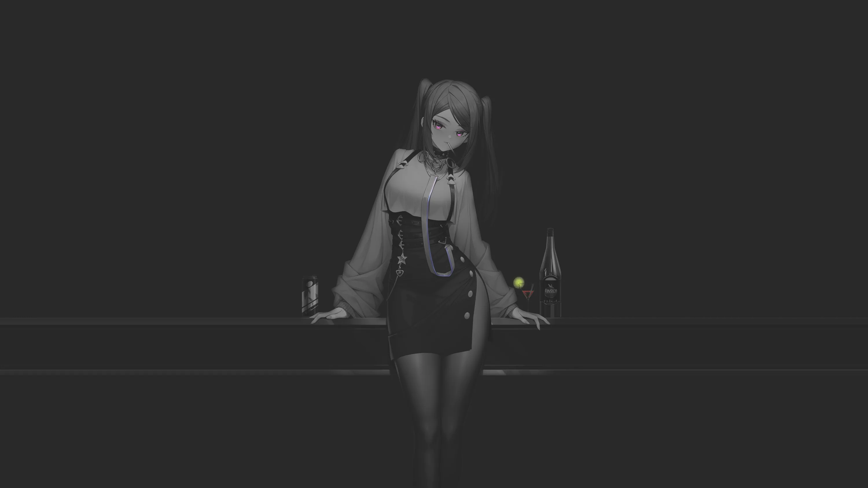 Twin tails and a corset dress in flat greys, she leans back against a low ledge with the rest of the frame washed to near-black.
