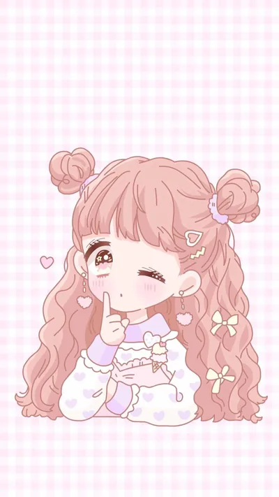 She presses a finger to her cheek at the centre, long curls spilling to the frame edges, and the gingham above her head stays clear for a dark clock.