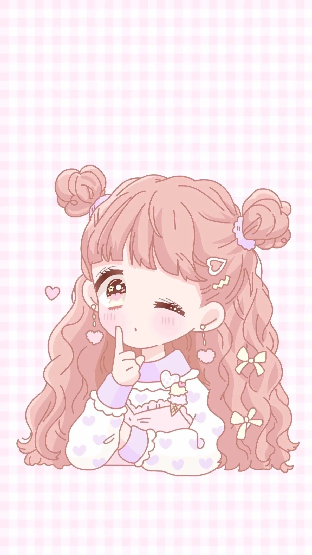 She presses a finger to her cheek at the centre, long curls spilling to the frame edges, and the gingham above her head stays clear for a dark clock.