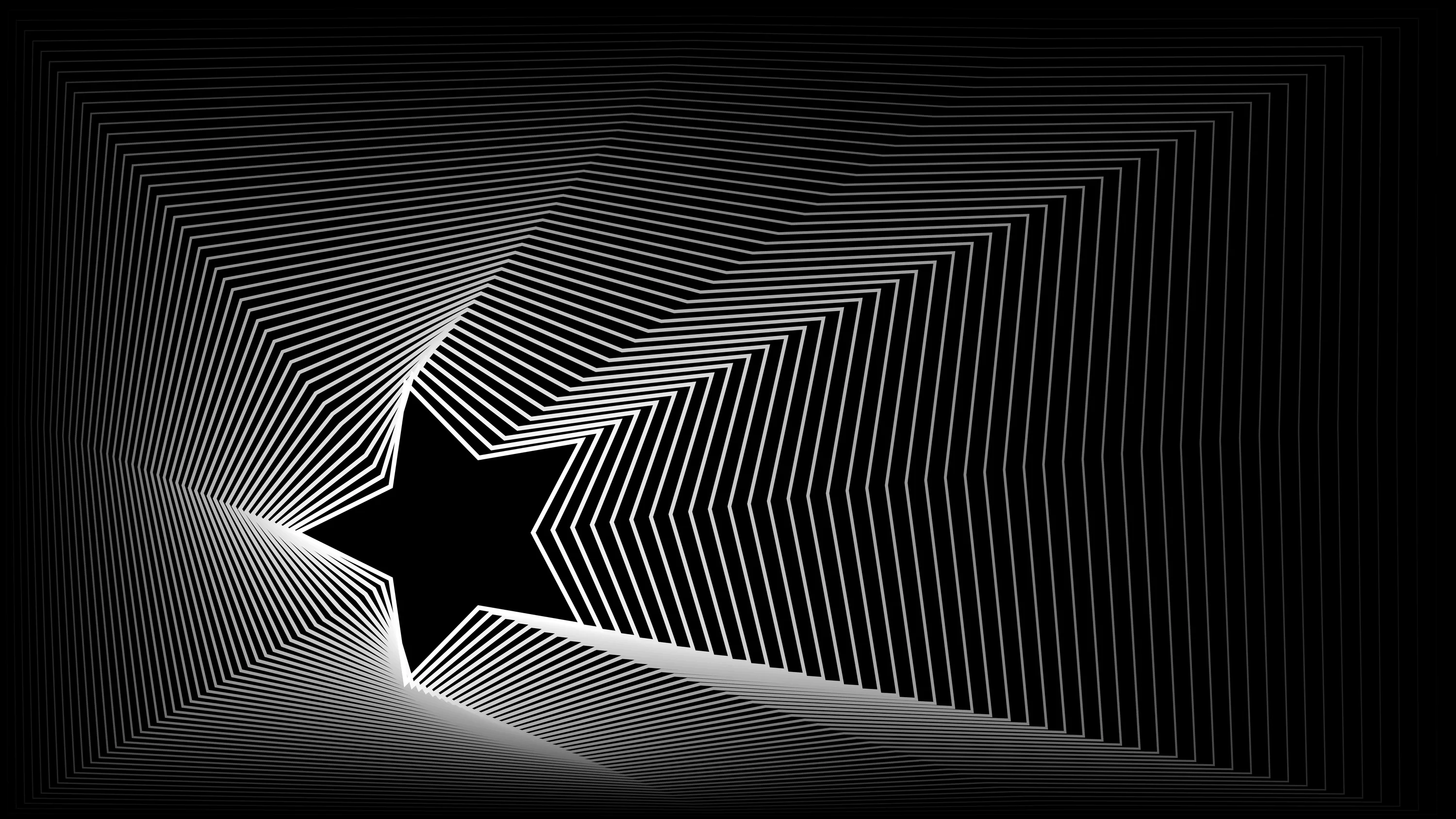 A five-pointed star cut out of a field of fine white lines, the lines bending around it and thinning out into black at both edges.