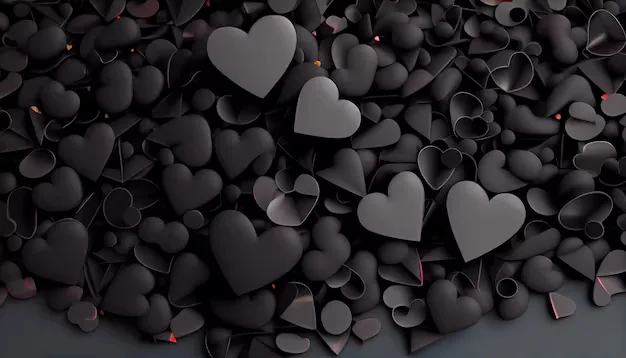 Hundreds of rounded black hearts heap up in a 3D render, faint red rims and a low light source separating the front layer.