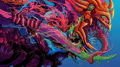 A snarling neon beast in pop-art pinks, greens, and orange fills the frame, fangs and tentacles drawn in thick comic linework on a blue backdrop.