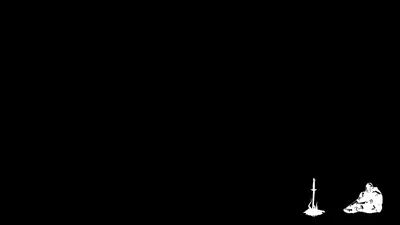 A tiny white drawing of someone kneeling beside a lamp sits in the bottom right, the rest of the picture given over to pure black.