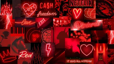 Hearts, lightning bolts and glowing words crowd a collage washed entirely in red, each tile dimmed toward black so the whole screen reads as one dark texture.