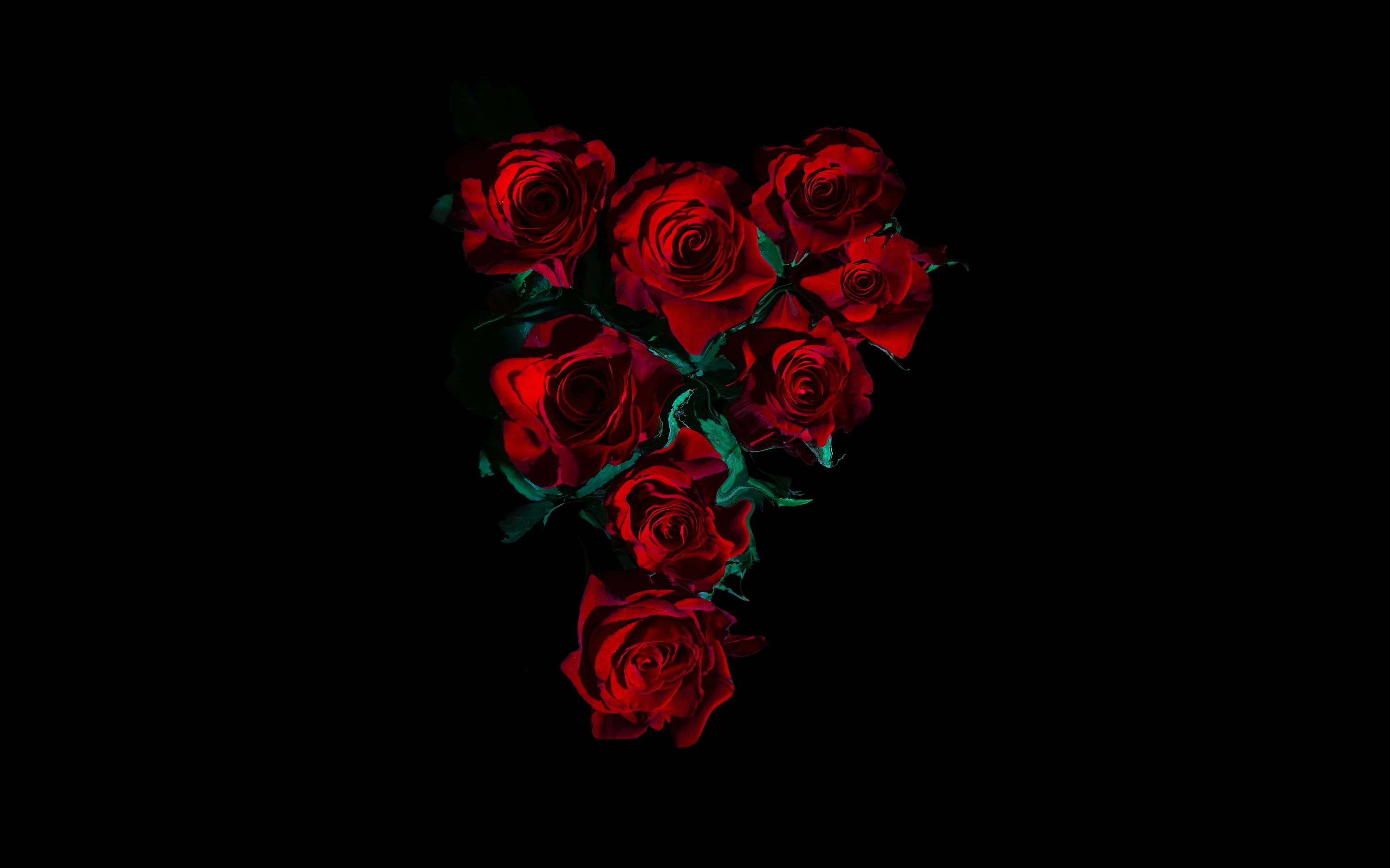 Seven red roses gather in a loose triangle at the centre, thorned stems crossing beneath them and every edge dropping to true black.
