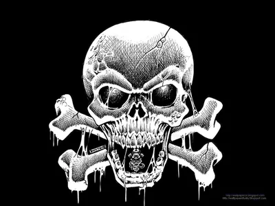 A hand-inked skull bares long fangs over two crossed bones, ink running off the jaw in thin streaks against black.