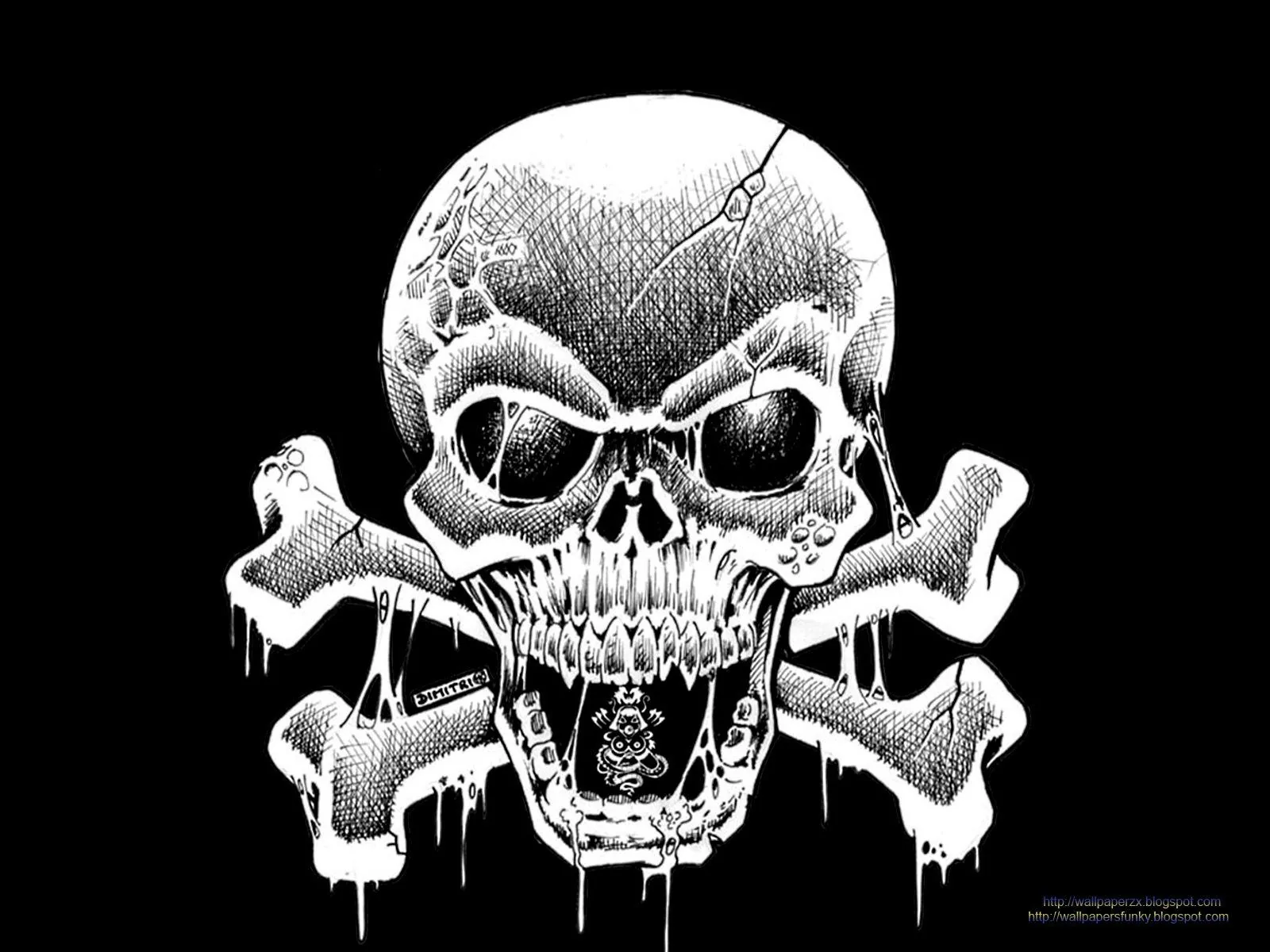 A hand-inked skull bares long fangs over two crossed bones, ink running off the jaw in thin streaks against black.