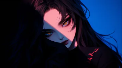 A tight face crop against electric blue, black hair sweeping across one cheek while a dark mask covers the mouth and gold eyes stare straight out.