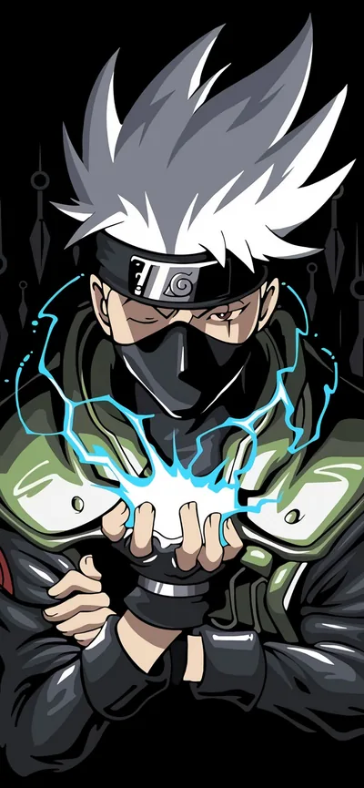 Kakashi cups blue lightning between his gloved hands on a tall black canvas, the current arcing up past his shoulder plates.