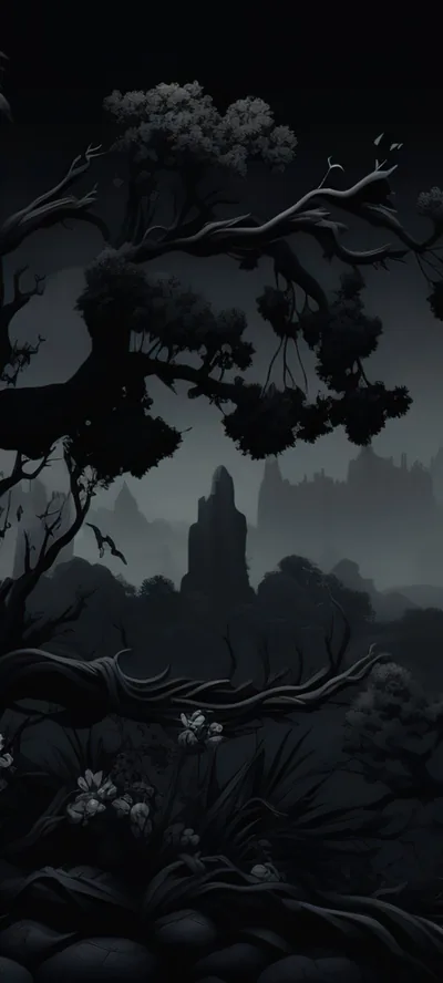 Twisted branches and heavy foliage arch over the frame like a window, a castle spire barely readable through grey mist in the gap, ferns and pale blossoms crowding the bottom.